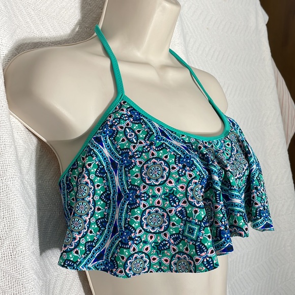 Jessica Simpson Halter Bikini Top Gypsy Life Flounce Teal multi, Large - Picture 2 of 9